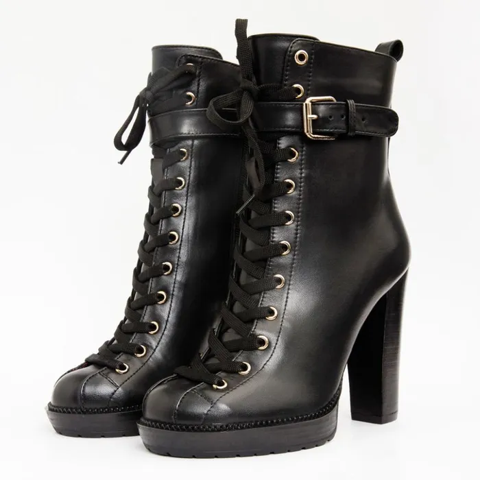 Vinci Leather Boots and Booties The Estrada Black Leather LaceUp Platform Heel Mid Calf Boot 8211 Women