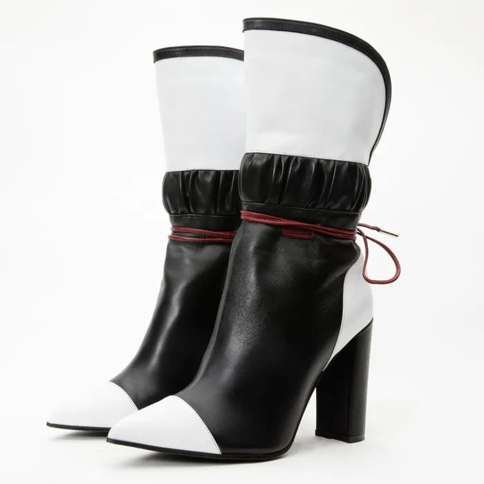 Vinci Leather Boots and Booties The Lucca Black and White Leather Mid Calf High Heel Boot Limited Edition 8211 Women