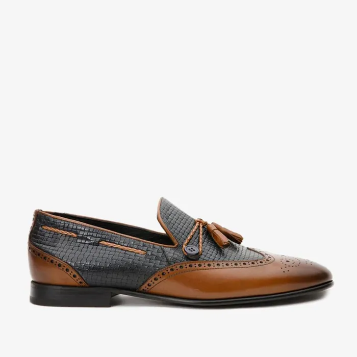 Vinci Leather Dress Shoes The Istanbul Tan and Navy Blue Leather Tassel Loafer Shoe 8211 Men