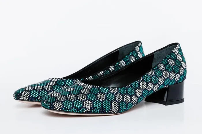 Vinci Leather Heels The Doha Turqoise Glitter Leather Block Pump Shoe 8211 Women