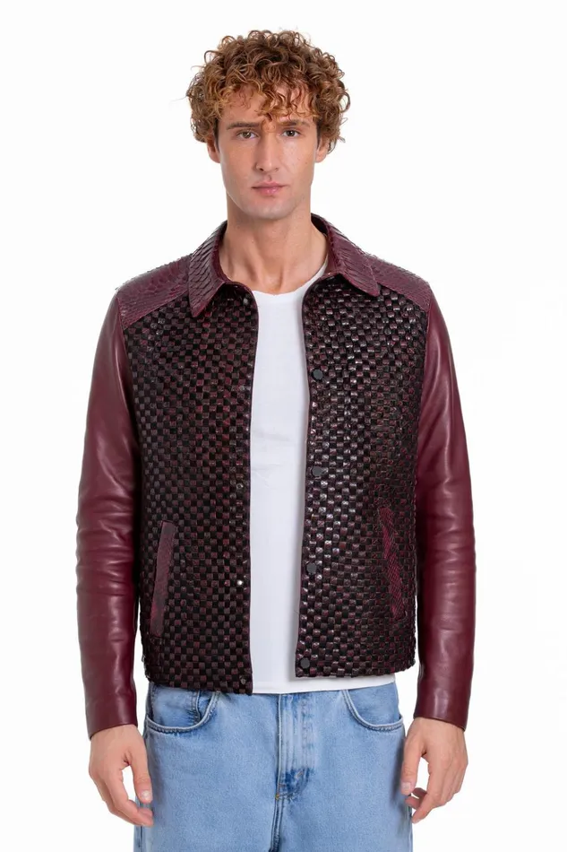 Vinci Leather Leather Jackets The Bedford Pythn Skin Handwoven Leather Burgundy Jacket 8211 Men
