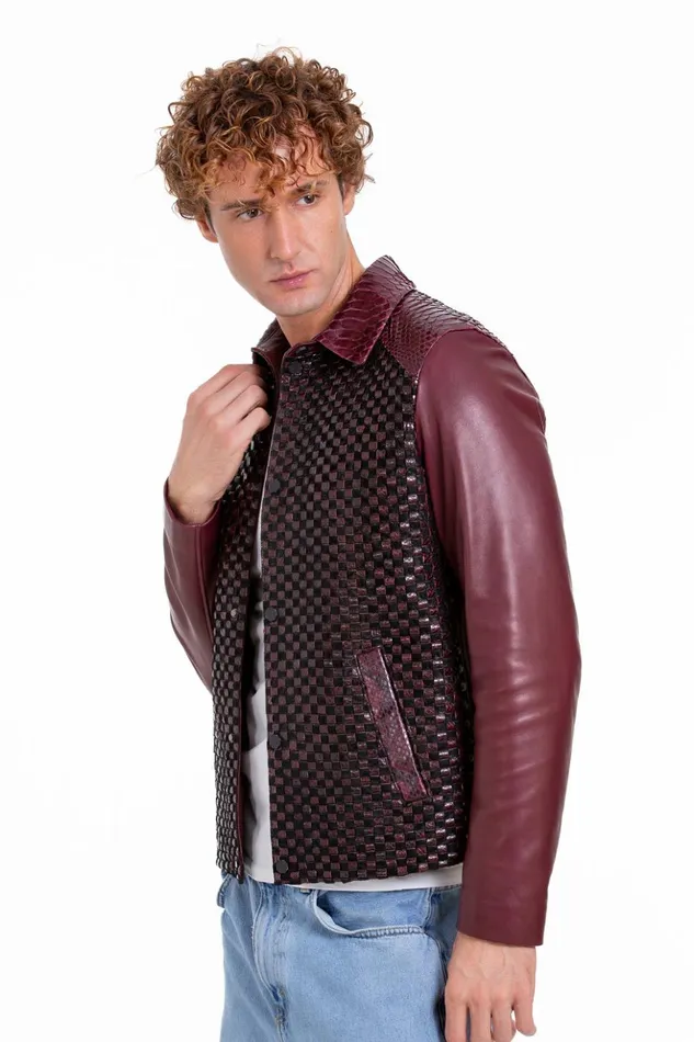 Vinci Leather Leather Jackets The Bedford Pythn Skin Handwoven Leather Burgundy Jacket 8211 Men