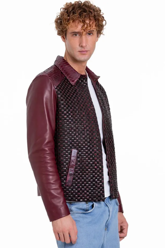 Vinci Leather Leather Jackets The Bedford Pythn Skin Handwoven Leather Burgundy Jacket 8211 Men