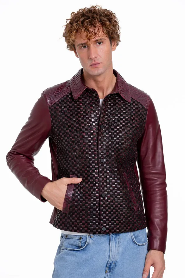 Vinci Leather Leather Jackets The Bedford Pythn Skin Handwoven Leather Burgundy Jacket 8211 Men