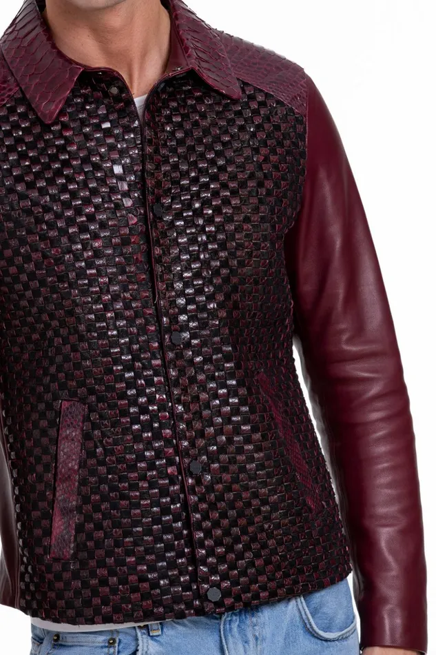 Vinci Leather Leather Jackets The Bedford Pythn Skin Handwoven Leather Burgundy Jacket 8211 Men
