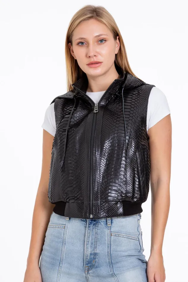 Vinci Leather Leather Jackets The Yanaka Pythn Skin Leather Black ZipUp Vest With A Hood 8211 Women Vinci Leather Leather Jackets The Yanaka Pythn Skin Leather Black ZipUp Vest With A Hood 8211 Women