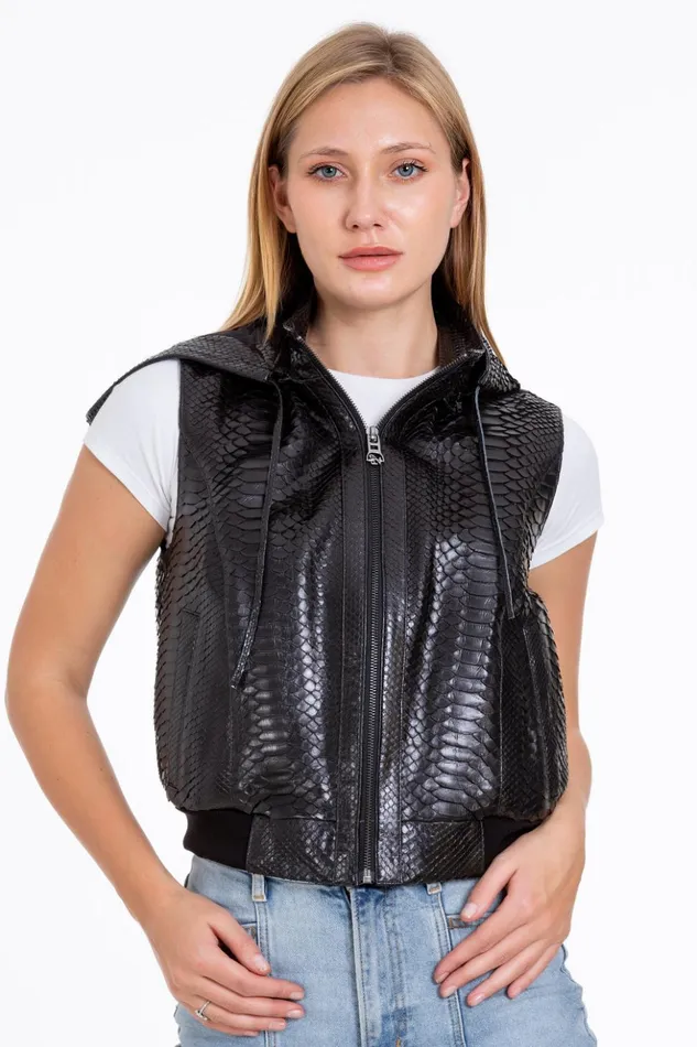 Vinci Leather Leather Jackets The Yanaka Pythn Skin Leather Black ZipUp Vest With A Hood 8211 Women