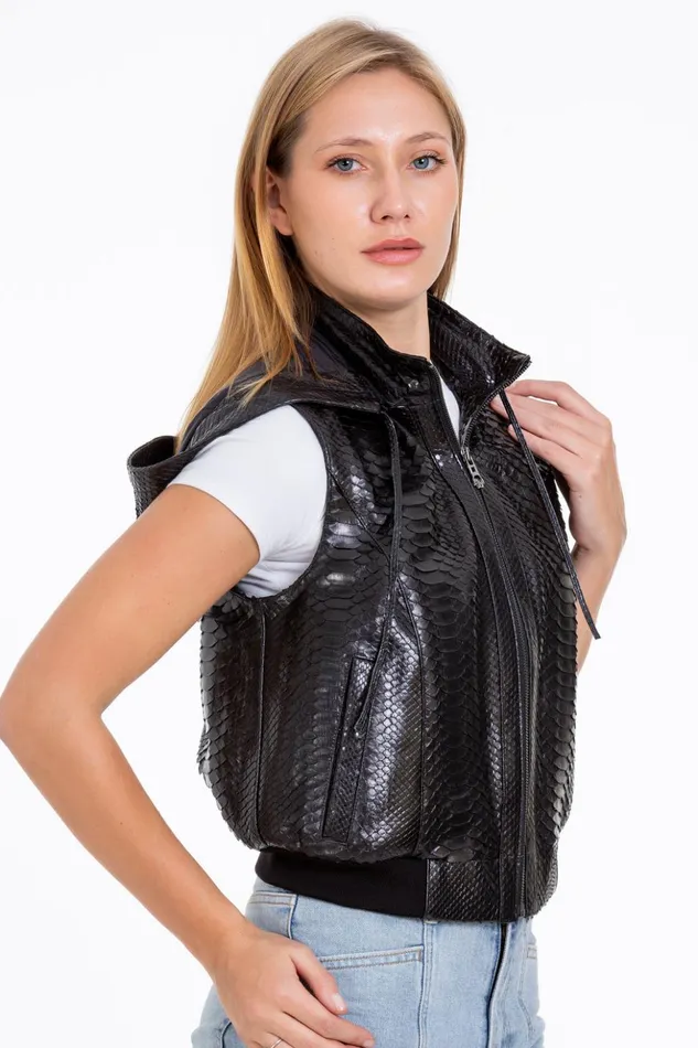 Vinci Leather Leather Jackets The Yanaka Pythn Skin Leather Black ZipUp Vest With A Hood 8211 Women