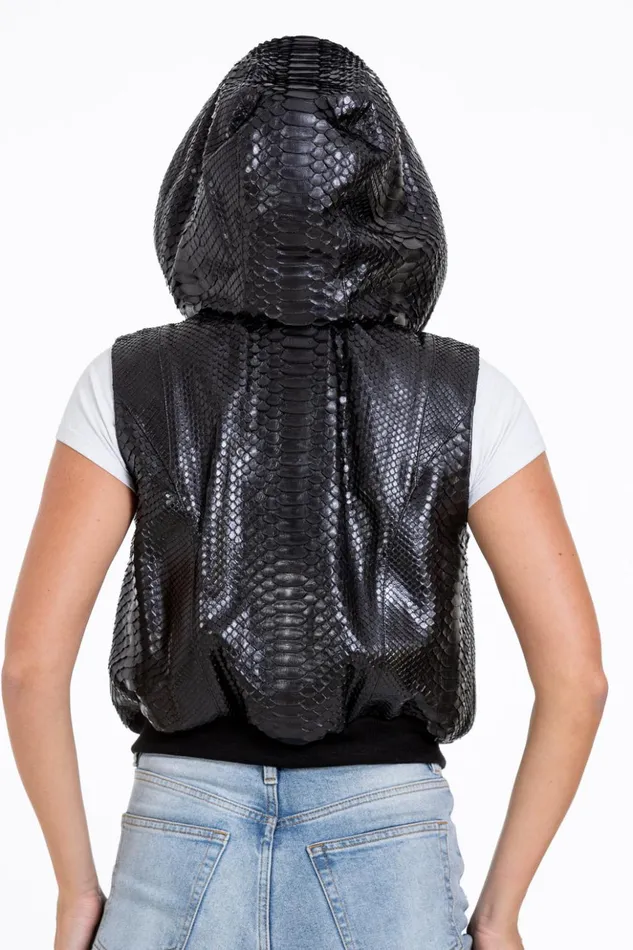Vinci Leather Leather Jackets The Yanaka Pythn Skin Leather Black ZipUp Vest With A Hood 8211 Women