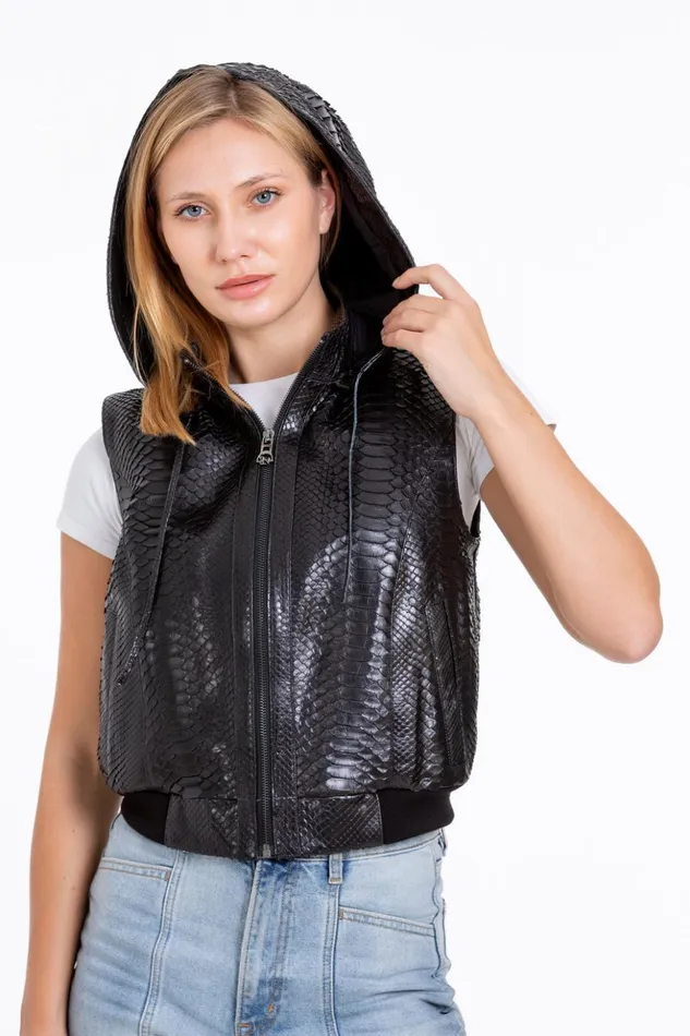 Vinci Leather Leather Jackets The Yanaka Pythn Skin Leather Black ZipUp Vest With A Hood 8211 Women