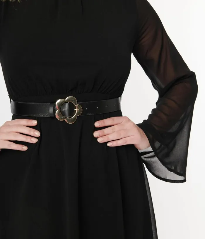 Voodoo Vixen Black Chiffon Belted Flare Dress DressesPlus Unique Vintage Fit and Flare