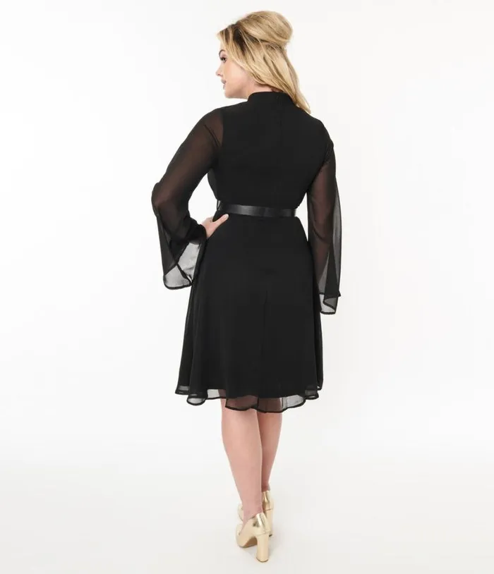 Voodoo Vixen Black Chiffon Belted Flare Dress DressesPlus Unique Vintage Fit and Flare