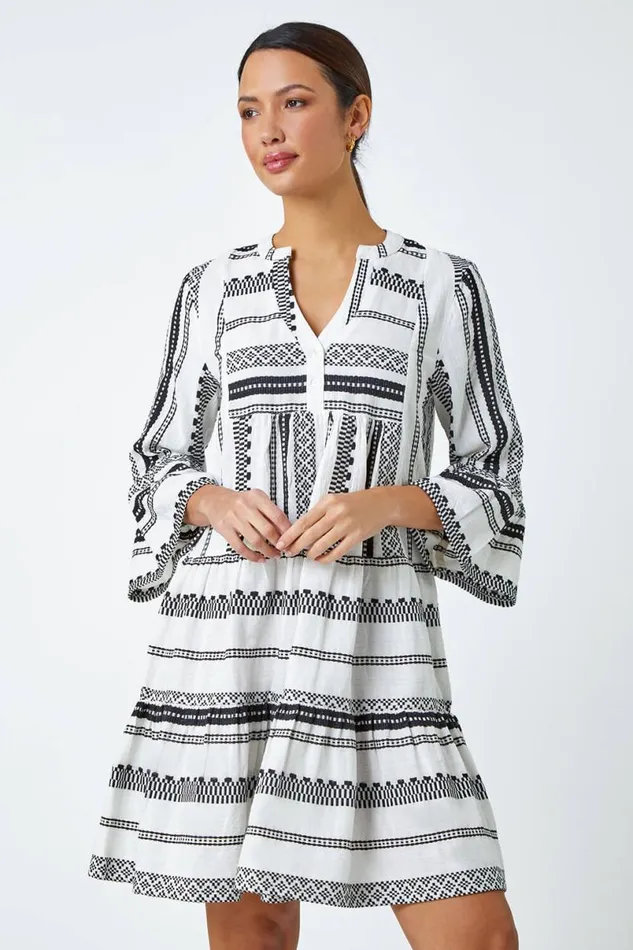 White Aztec Print Cotton Smock Dress Women Roman Dresses