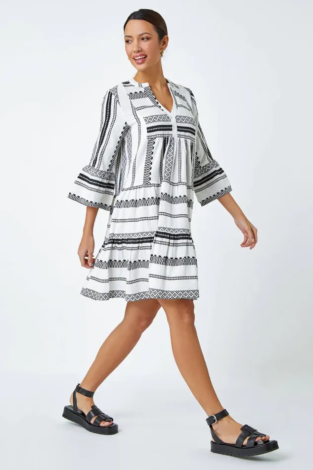 White Aztec Print Cotton Smock Dress Women Roman Dresses