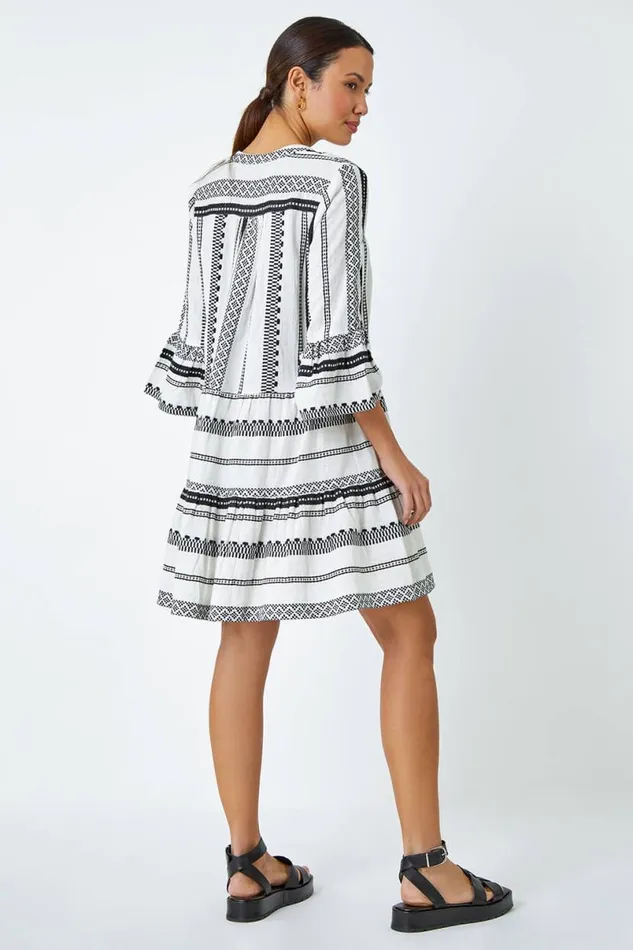 White Aztec Print Cotton Smock Dress Women Roman Dresses