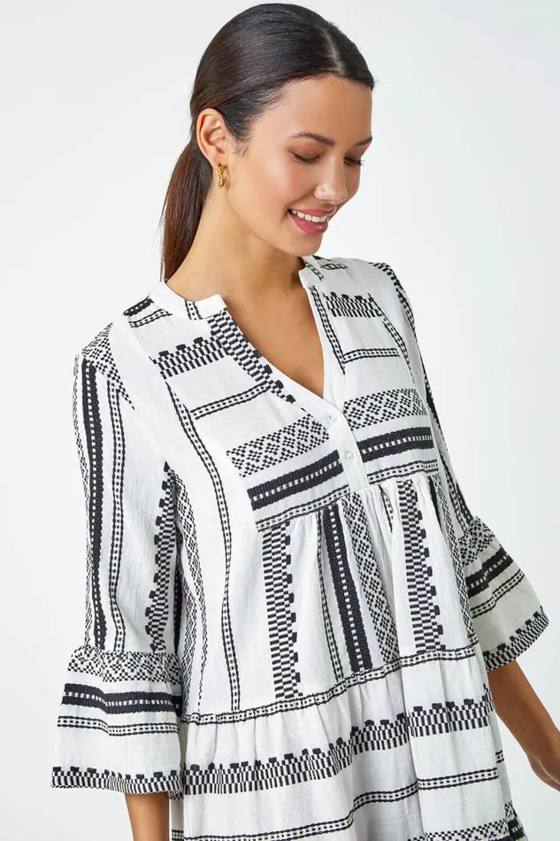 White Aztec Print Cotton Smock Dress Women Roman Dresses