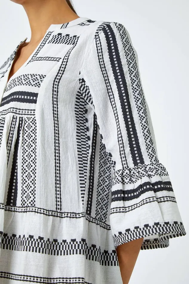 White Aztec Print Cotton Smock Dress Women Roman Dresses