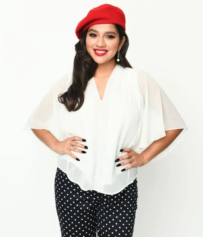 White Chiffon Bat Wing Blouse Clothing Unique Vintage Blouses