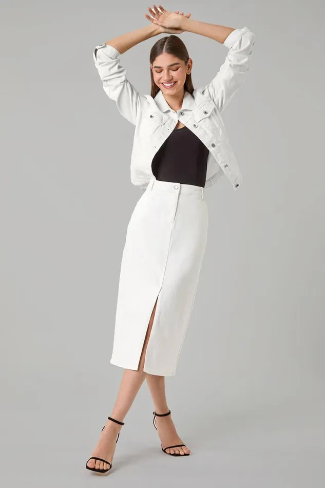 White Cotton Blend Denim Stretch Midi Skirt Women Roman Skirts