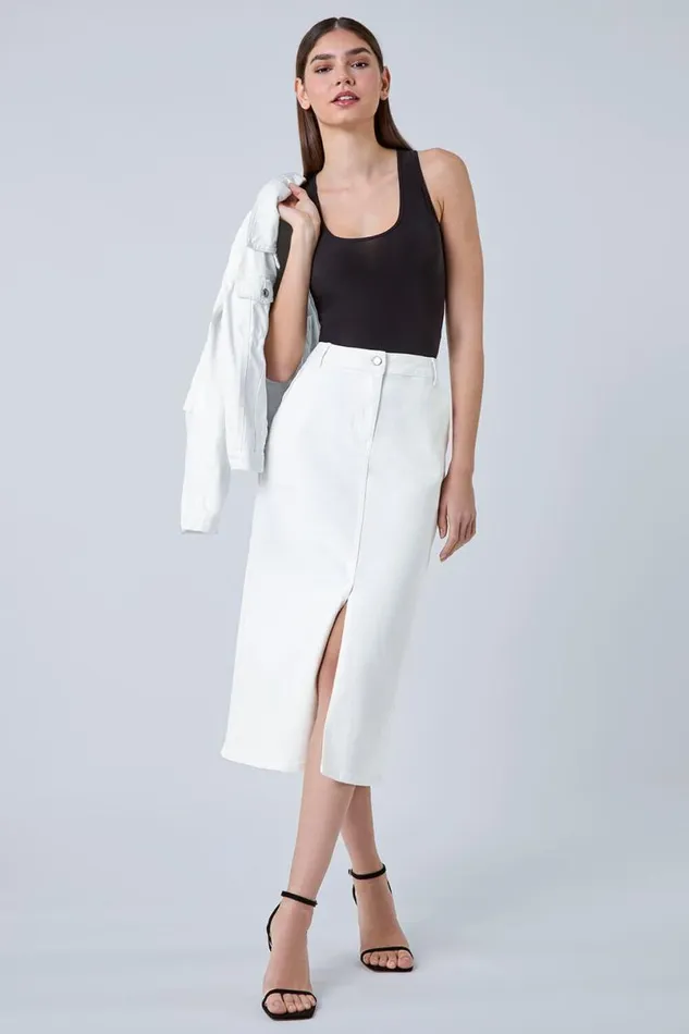 White Cotton Blend Denim Stretch Midi Skirt Women Roman Skirts