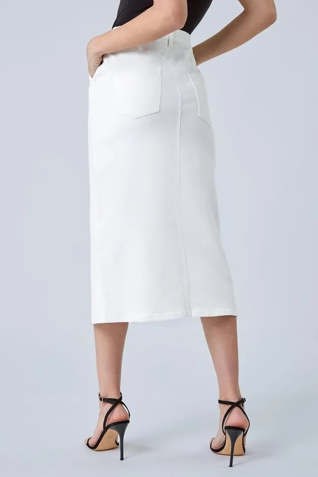White Cotton Blend Denim Stretch Midi Skirt Women Roman Skirts