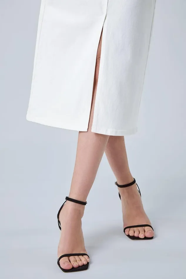 White Cotton Blend Denim Stretch Midi Skirt Women Roman Skirts