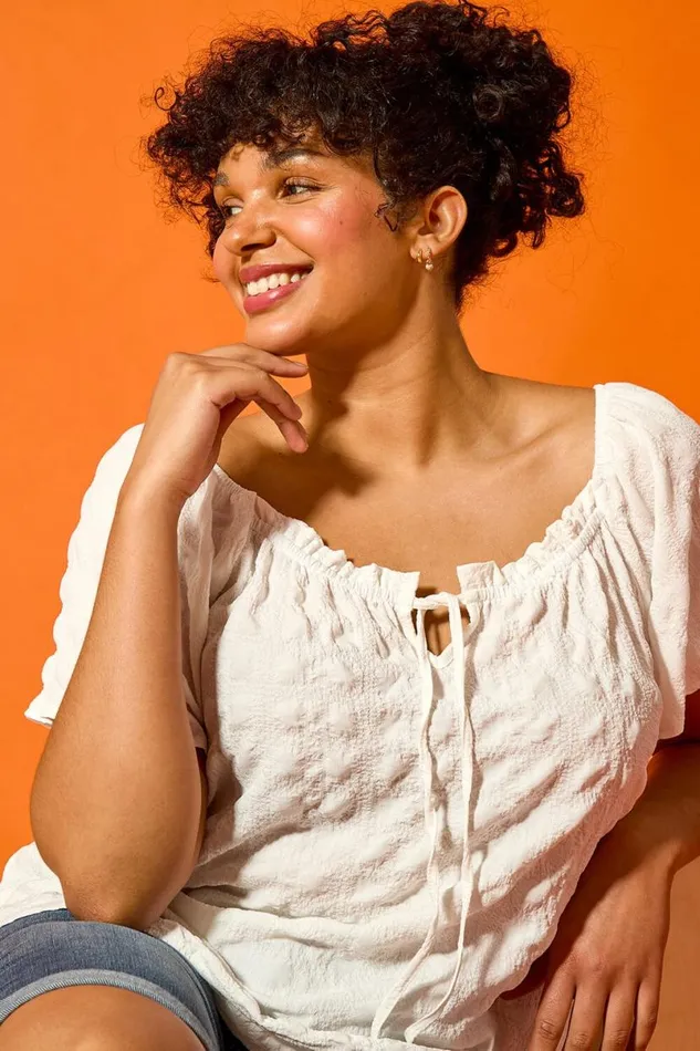 White Curve Tie Detail Textured Bardot Top Women Roman Tops