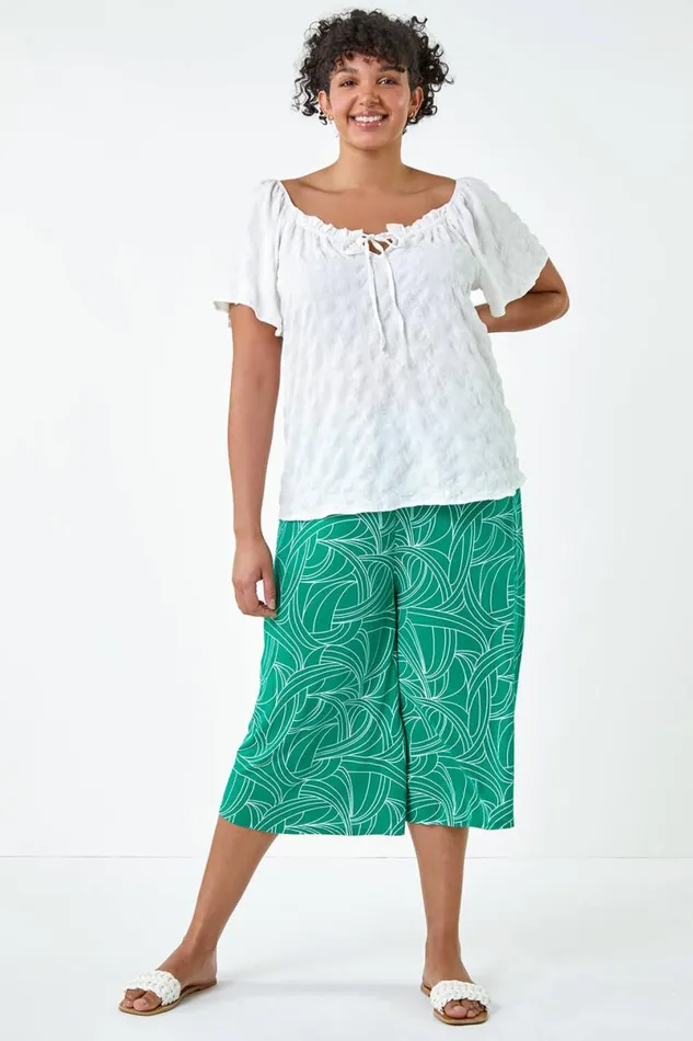 White Curve Tie Detail Textured Bardot Top Women Roman Tops