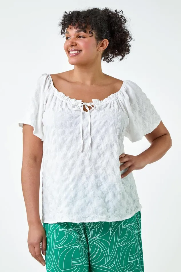White Curve Tie Detail Textured Bardot Top Women Roman Tops