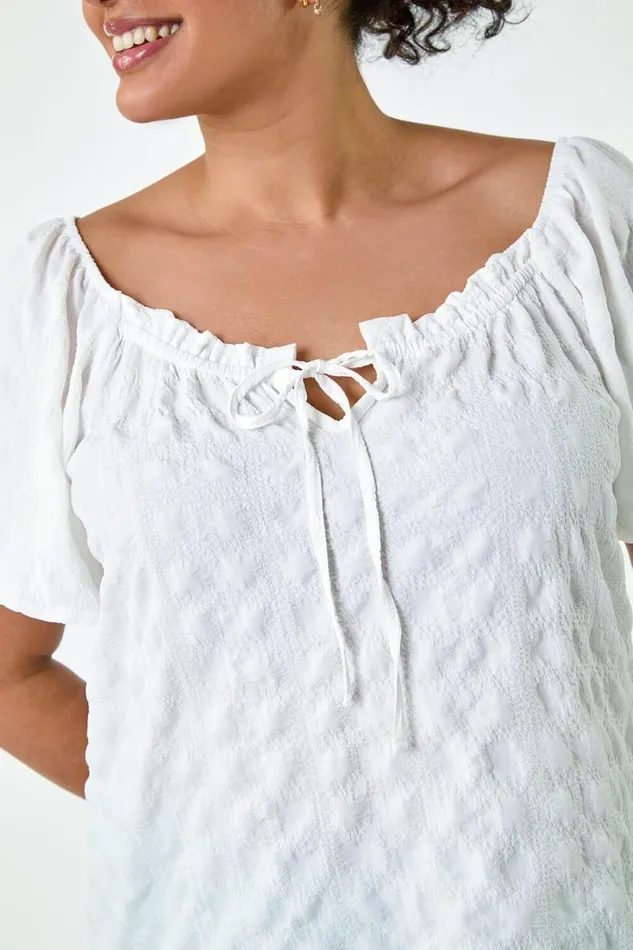 White Curve Tie Detail Textured Bardot Top Women Roman Tops