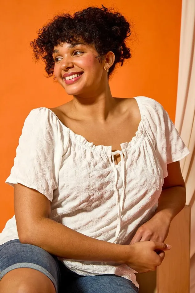 White Curve Tie Detail Textured Bardot Top Women Roman Tops