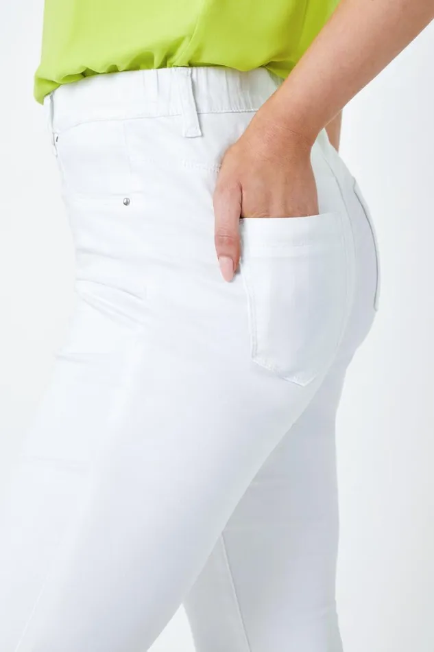 White Denim Stretch Knee Length Pedal Pusher Women Roman Trousers