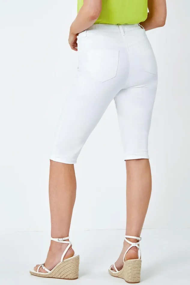 White Denim Stretch Knee Length Pedal Pusher Women Roman Trousers