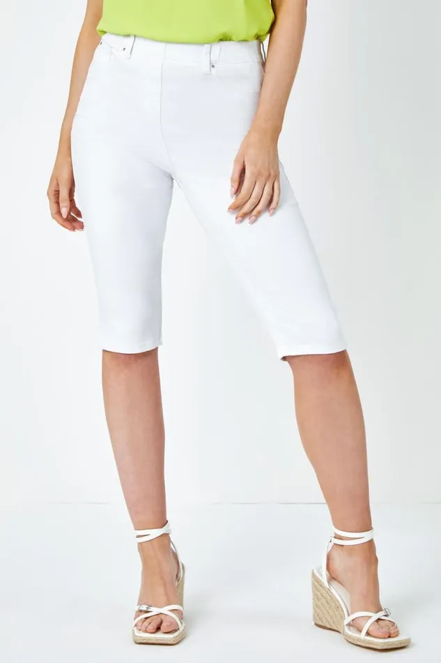 White Denim Stretch Knee Length Pedal Pusher Women Roman Trousers
