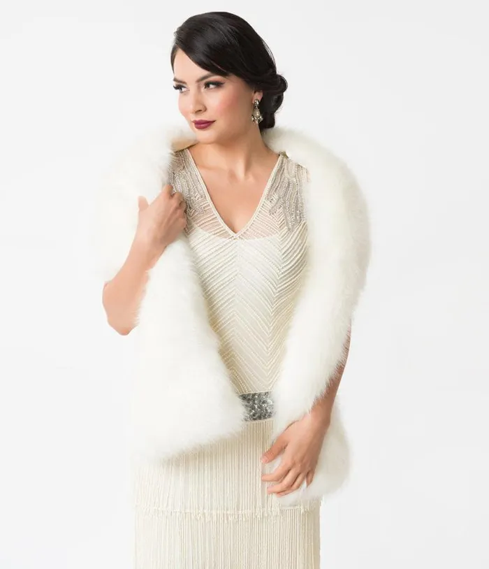 White Ivory Faux Fur Stole Accessories Unique Vintage Gloves and Scarves