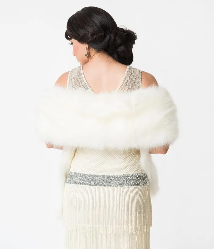 White Ivory Faux Fur Stole Accessories Unique Vintage Gloves and Scarves