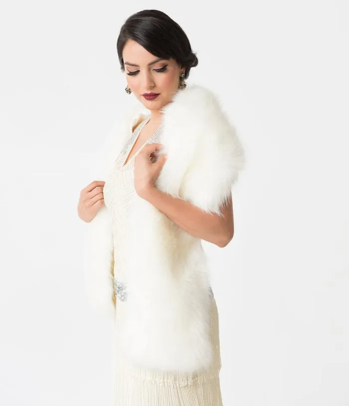 White Ivory Faux Fur Stole Accessories Unique Vintage Gloves and Scarves