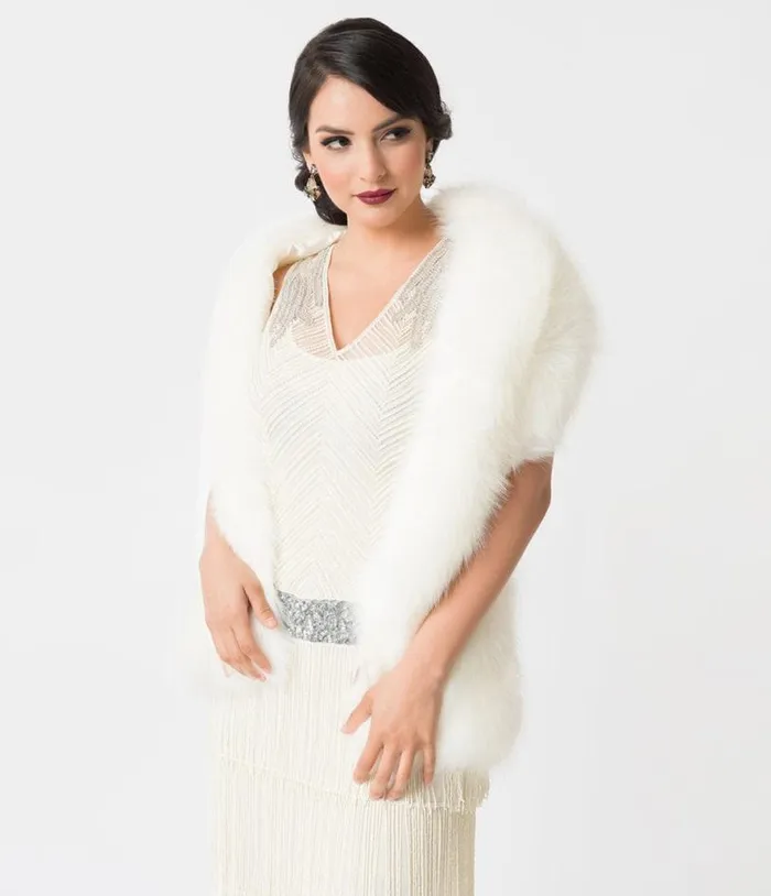 White Ivory Faux Fur Stole Accessories Unique Vintage Gloves and Scarves