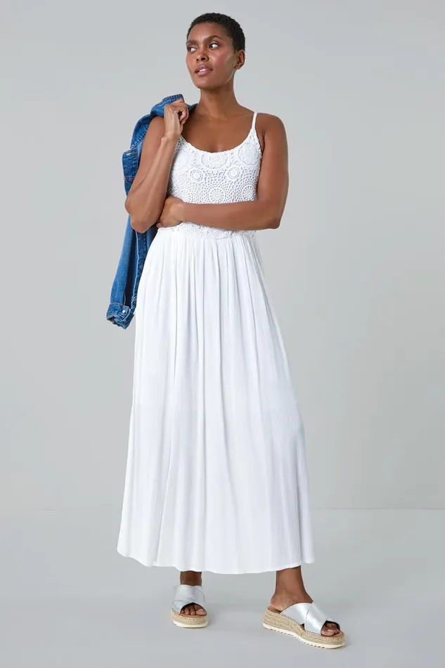 White Lace Bodice Shirred Midi Dress Women Roman Dresses