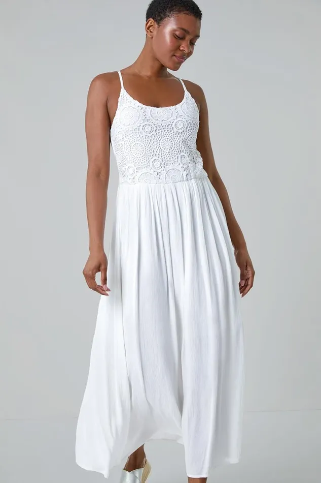 White Lace Bodice Shirred Midi Dress Women Roman Dresses
