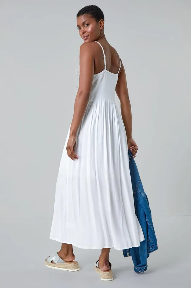 White Lace Bodice Shirred Midi Dress Women Roman Dresses
