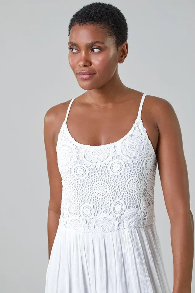 White Lace Bodice Shirred Midi Dress Women Roman Dresses