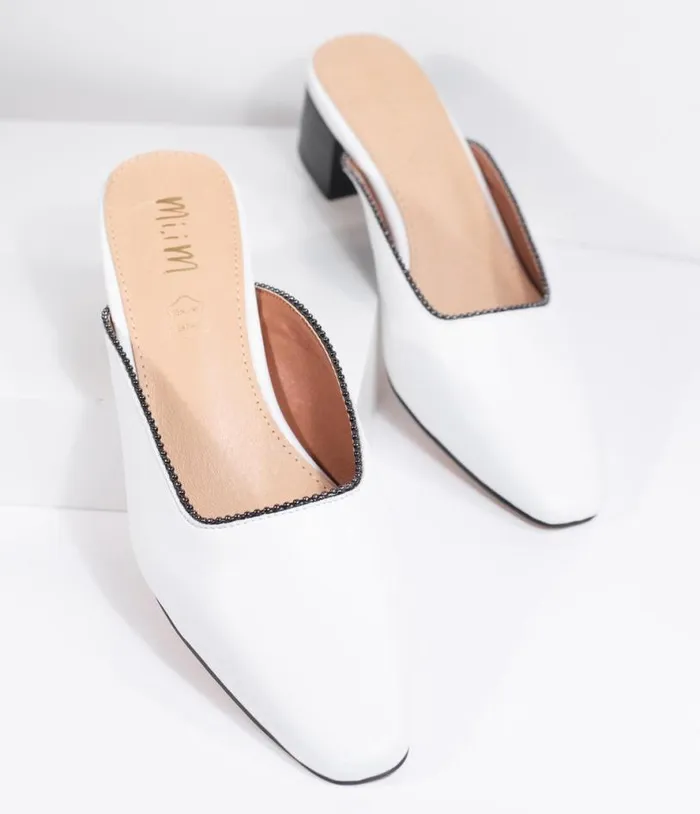 White Leatherette Beaded Piping Pointed Toe Mule Shoes Unique Vintage Heels