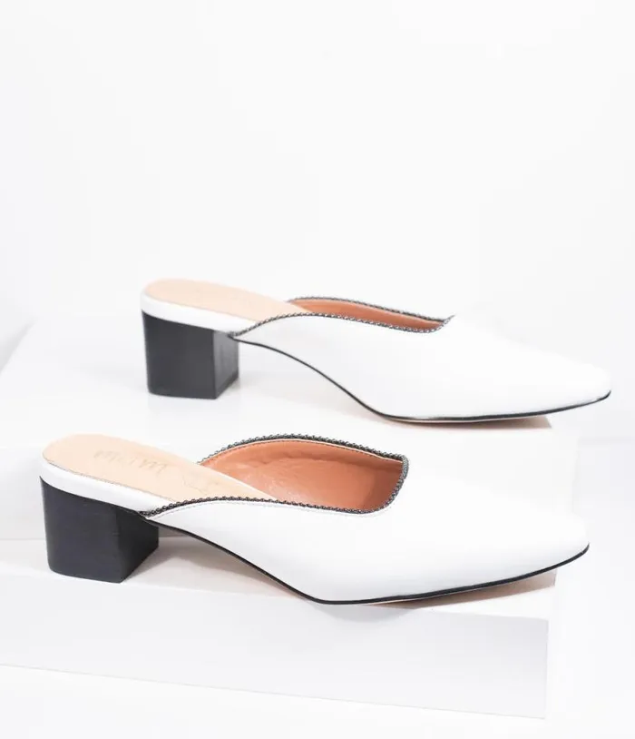 White Leatherette Beaded Piping Pointed Toe Mule Shoes Unique Vintage Heels