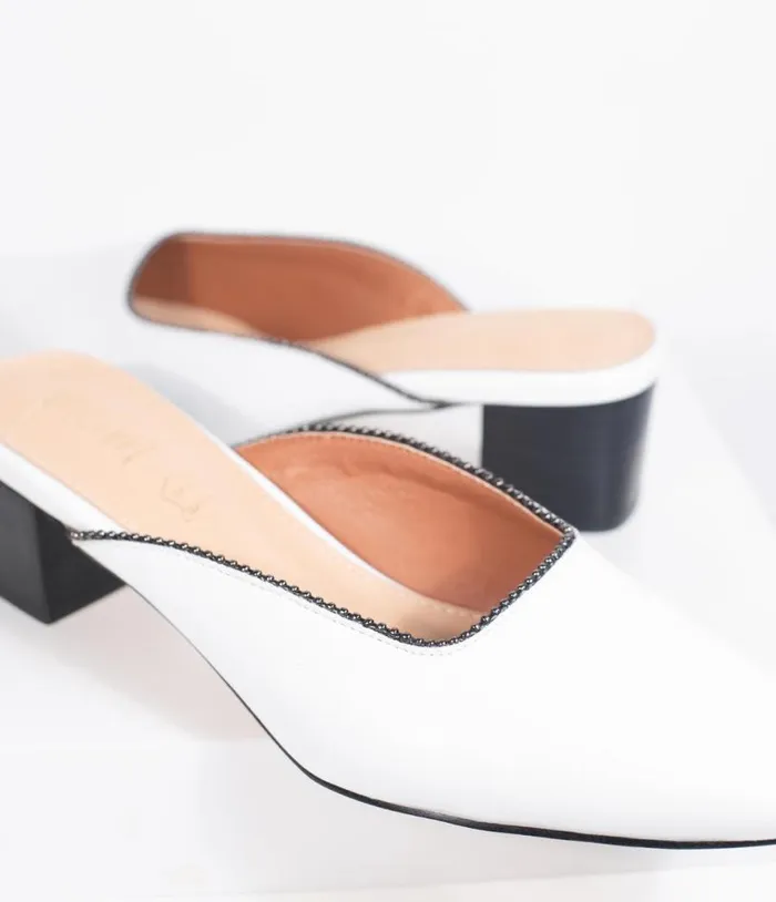 White Leatherette Beaded Piping Pointed Toe Mule Shoes Unique Vintage Heels