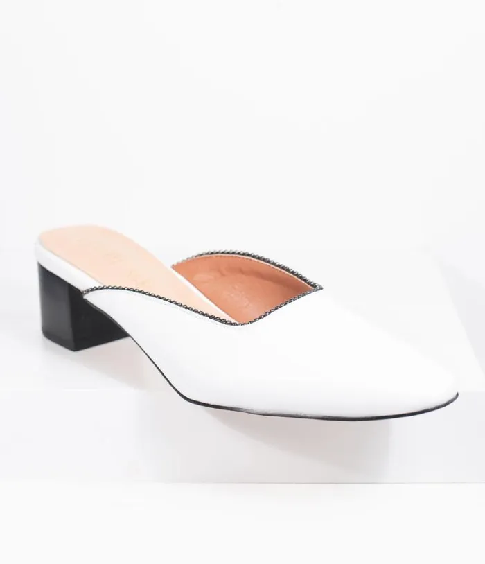White Leatherette Beaded Piping Pointed Toe Mule Shoes Unique Vintage Heels