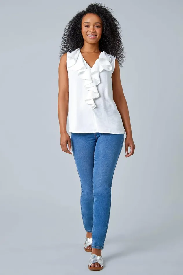 White Petite Frill Front Vest Top Women Roman Tops