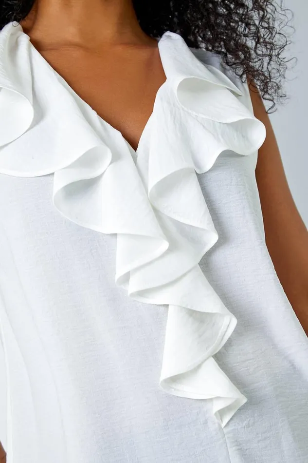 White Petite Frill Front Vest Top Women Roman Tops