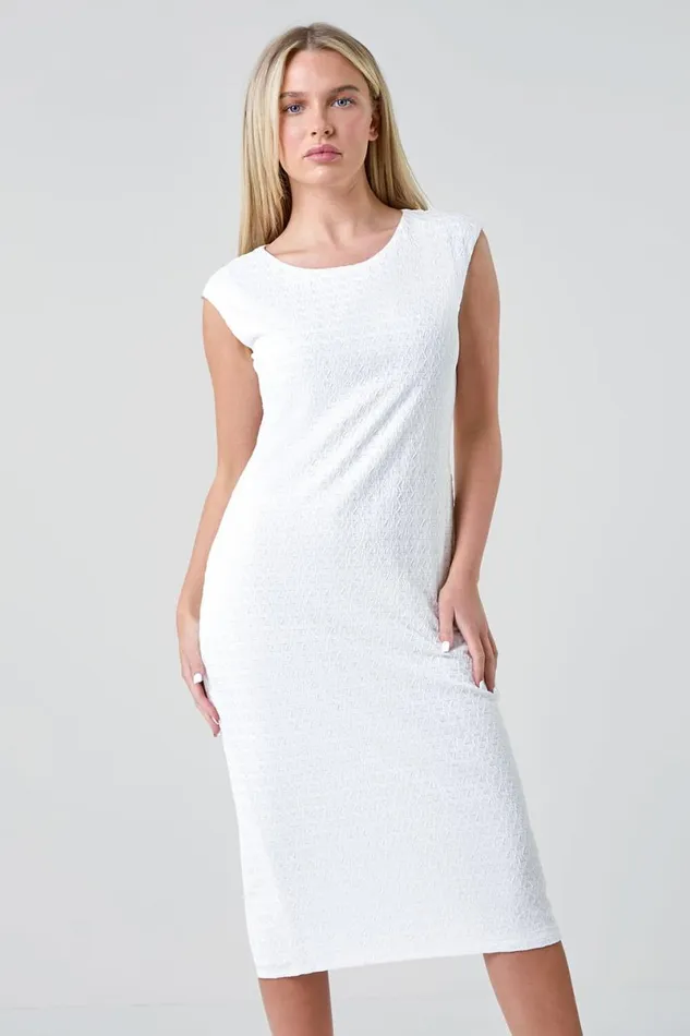 White Petite Textured Crochet Midi Dress Women Roman Dresses