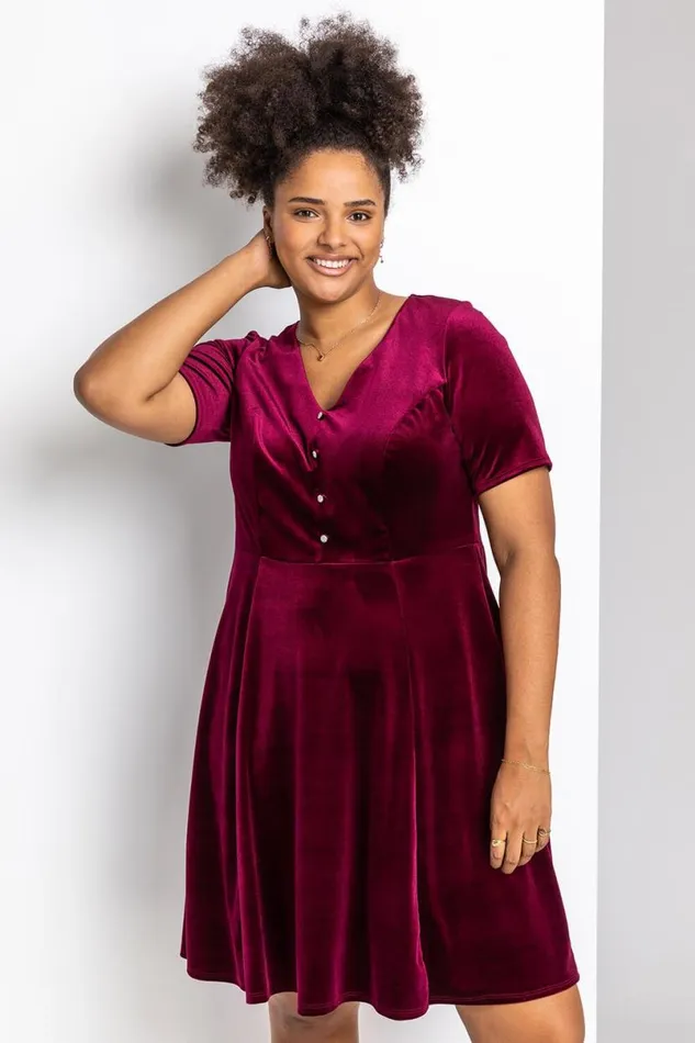 Wine Curve Diamante Button Velvet Dress Women Roman Dresses